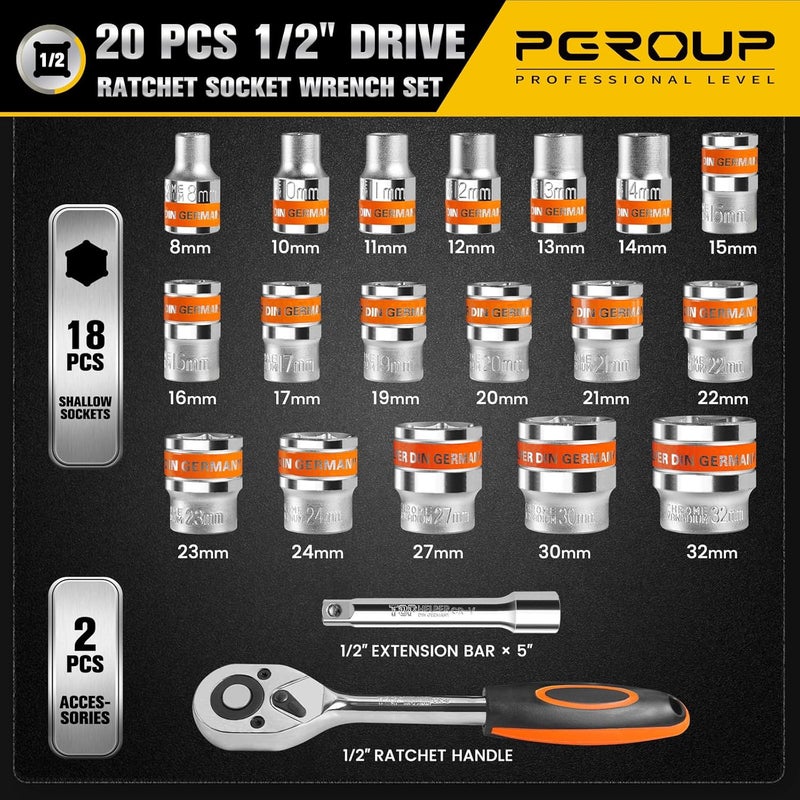 pgroup 20 PCS 1/2" Drive Metric Socket Wrench Set,1/2 Reversible Ratchet Handle，6 Point Shallow Sockets (8-32mm) and Extension Bar 5", CR-V Steel, Car Repair Set - Image 2